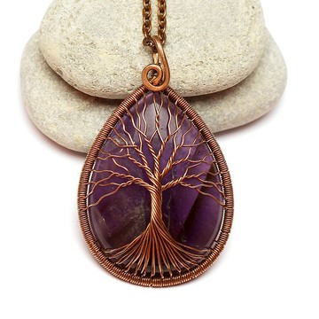 紫水晶吊墜銅生命之樹項鍊二月誕生石首飾