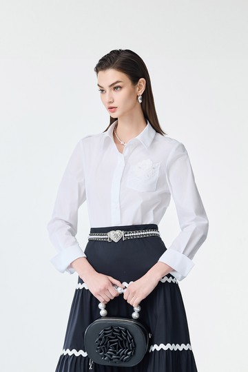 玫瑰繡花口袋簡約襯衫