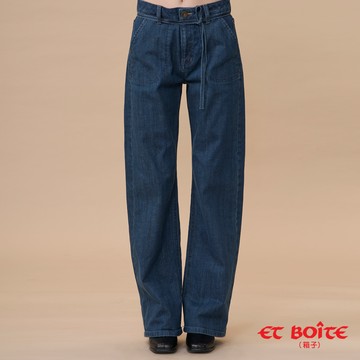 【買1送1】有彈中腰繫繩方袋丹寧寬直褲 -  BLUE WAY ET BOîTE 箱子