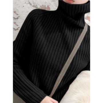 韓國高領毛衣女羊絨寬松套頭打底衫新款秋冬黑色堆堆領加厚毛衫女
