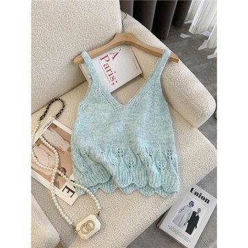 鏤空鉤花下擺彩砂針織背心女短款春秋西服內搭純欲洋氣吊帶上衣女