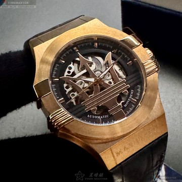 [星晴錶業]MASERATI手錶,42mm,R8821108002機械鏤空錶面玫瑰金錶殼深黑色真皮皮革錶帶款