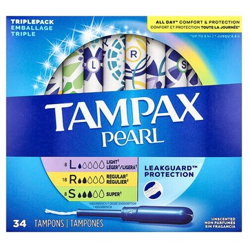 Tampax, Pearl 衛生棉條，三件套，輕/普通/大吸收量，無香型，34 支