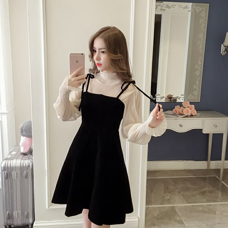 2点セット チュールシフォンブラウス キャミワンピ 袖フリル  