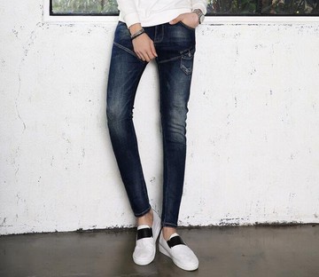 FINDSENSE Z1 韓國 時尚 潮 男 修身 深藍色 個性口袋 小腳褲 九分褲 休閒長褲 學生牛仔褲