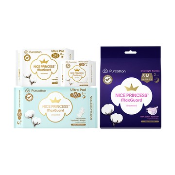 Purcotton 奈斯公主 純棉呵護體驗組 S-M款 護墊15公分+日用衛生棉25.4公分+夜用衛生棉36公分+褲型衛生棉S-M