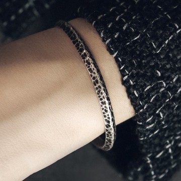 曲尾花原創設計做舊凹凸銀飾手鐲女簡約復古小眾銀手環男潮手飾品