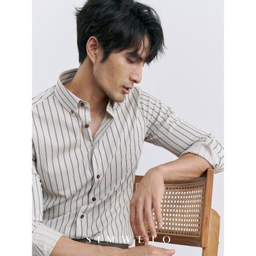 秋季雅痞紳士 扣領條紋襯衫男休閑免燙痞帥商務復古英倫長袖襯衣