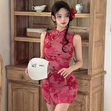盤扣旗袍女 復古改良旗袍 無袖連身裙 氣質顯瘦 小個子 開叉包臀裙