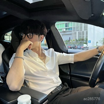 立領夏季襯衫男輕熟韓係涼感純色痞帥修身男士輕薄中袖半袖襯衫潮
