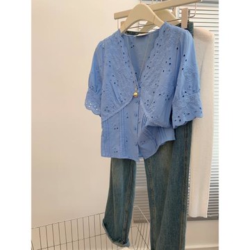 藍色v領正肩短袖襯衫氣質女士法式短款設計感上衣2025新款小衫夏