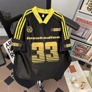 藏青色V領球服短袖t恤男街頭風國潮情侶美式三杠條紋寬松運動上衣