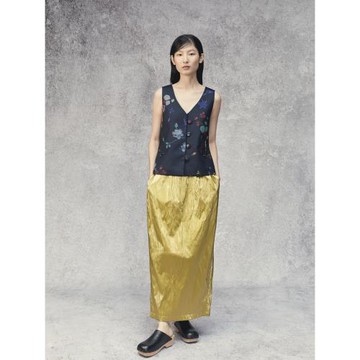 PaleBlueDot藍點·原創設計師金色褶皺松緊腰花苞一步半裙