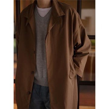 NOEARS日系復古棕色翻領薄款寬松工裝戰壕風衣男中長款過膝外套潮