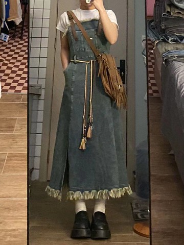 毛邊牛仔背帶裙女韓版寬松顯瘦復古水洗工裝褲長款連衣裙潮夏季新款