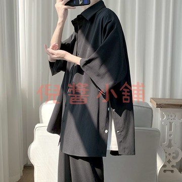 七分短袖襯衫男夏季上衣冰絲襯衣亞麻休閑寬松ins潮半袖上衣【倪醬小鋪】