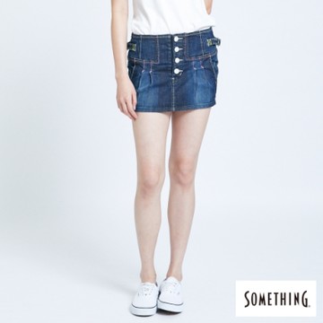 SOMETHING 女裝 低腰打褶 牛仔短裙-拔洗藍