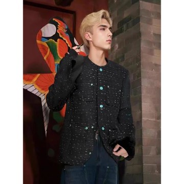 白敬亭同款黑色綠松石廓形小香風短款夾克無領休閑高級感外套潮牌