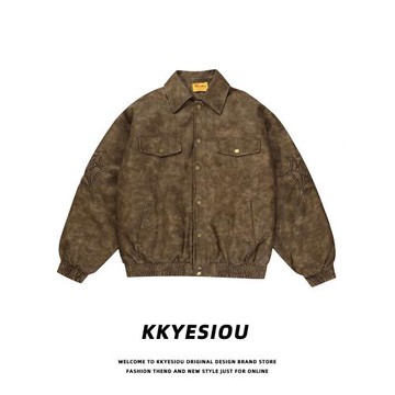 KKyesiou美式復古扎染蜘蛛皮衣外套男女潮牌高街情侶加厚棉衣棉服