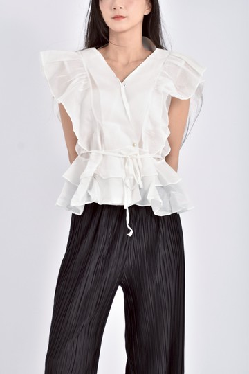 (S) gunny girl質感雪紡V領無袖白色短袖上衣