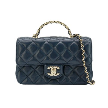 Chanel handle 菱格羊皮水鑽手把淡金鍊口蓋包-18cm(AS4140-深藍)