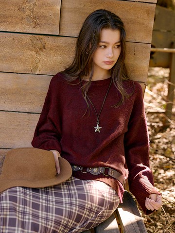 舒適圓領針織寬袖毛衣