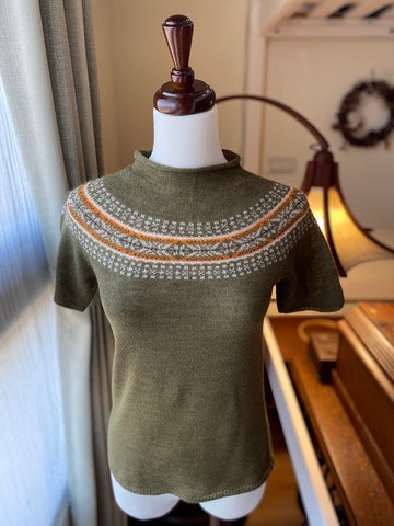 橄欖綠圖騰圍領短袖針織古著毛衣