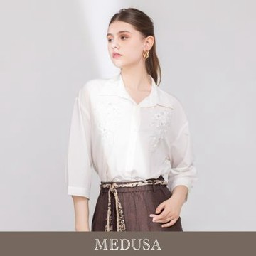 現貨【MEDUSA 曼度莎】天絲花卉亮片刺繡寬版襯衫（M-XL）｜天絲襯衫 寬版上衣 老錢風