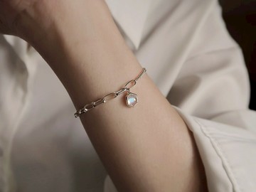 925純銀 六邊形 月光石 客製化刻字 不對稱鍊 橢圓鍊 側身鍊 手鍊