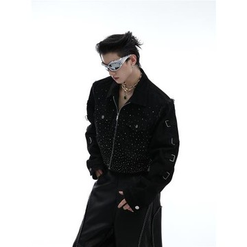 CulturE重工小眾閃鉆漸變設計墊肩短款夾克廓形先鋒華麗牛仔外套