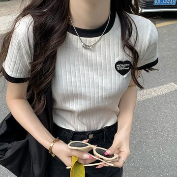 【PING'S🌞】高質量 冰絲 白色 短袖 T恤 女 修身 顯瘦 撞色 夏季 新款 半袖 正肩 體恤 上衣