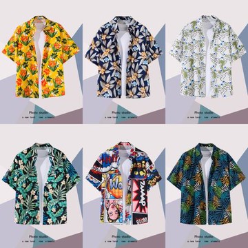 夏威夷花襯衫男短袖寬松情侶沙灘襯衣古著港風復古潮流痞帥外套男