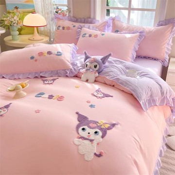 卡通水洗棉床上四件套可愛毛巾繡防棉四季被套床單三件套學生床品