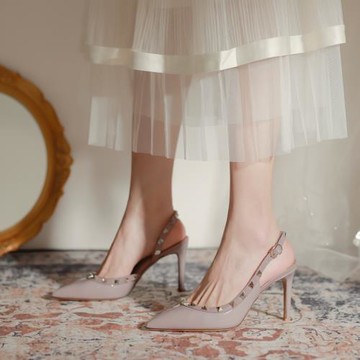 2025夏季新款尖頭名媛鉚釘高跟鞋女涼鞋細跟絕美裸色單鞋柳丁淺口