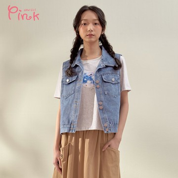 Pink*帥氣翻領短版牛仔背心 Y1707BD