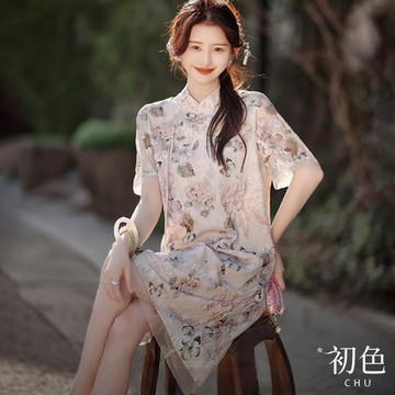 初色 復古立領盤扣短袖印花拼接蕾絲旗袍中長裙連身洋裝連身裙洋裝-粉色-33812(M-XL可選)