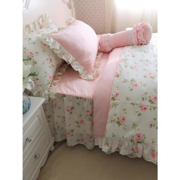 四件套純棉印花純粉搭配荷葉邊被套枕套少女4件套床上用品床裙款