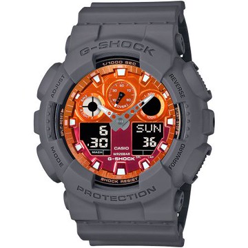 CASIO G-SHOCK 閃耀火焰防磁雙顯計時錶/橙/GA-100FL-8A