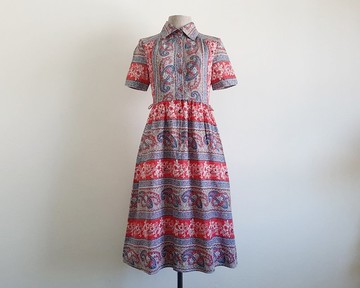 復古藍紅色碎花襯衫洋裝 女士佩斯利印花短袖 S 尺寸