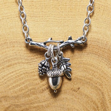 銀橡子枝松果橡樹葉森林林地項鍊首飾禮品