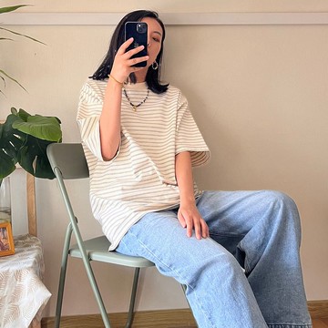 條紋復古重磅寬版 設計 文字T 棉T t恤  日系 短袖 福利清倉