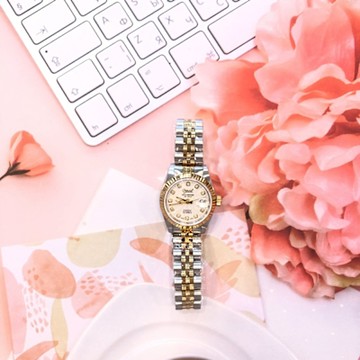 Ogival 愛其華 典藏真鑽18K金機械腕錶-女錶-贈送愛其華超薄陶瓷錶-黑白選1(3218LSK)25mm