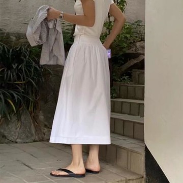 韓國白色拼接氣質優雅百褶半身裙