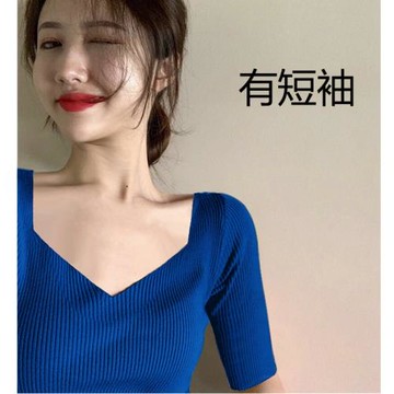 2025夏裝新款v領短袖羅紋針織t恤女修身緊身中袖打底衫上衣女