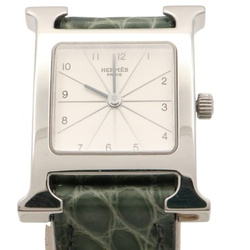 HERMES 愛馬仕 Heure H 腕錶 白色錶盤 綠色 鱷魚皮帶 不鏽鋼 HH1.210 【二手名牌BRAND OFF】