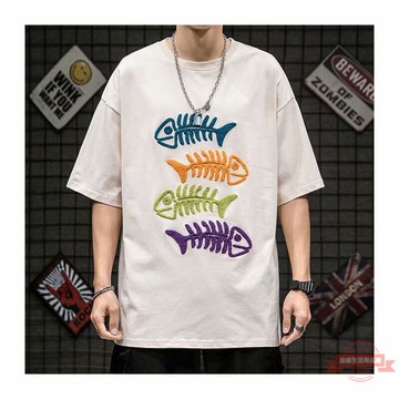 【PHANTACi 文藝館】短袖 t恤 潮牌重工刺繡魚骨植絨短袖男嘻哈寬松T恤 男女情侶裝