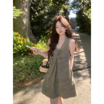 (免運)夏詩文 亞麻棉紐結設計感漸變紋理肌理感無袖U領連衣裙女夏A字裙