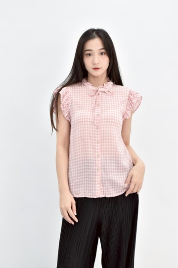 (M) to l格紋無袖粉色上衣
