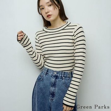 〈Green Parks〉閃閃條紋邊框羅紋針織上衣