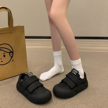 魔術貼女鞋一腳蹬上班工作廚房防滑鞋板鞋黑色運動鞋純黑老爹鞋子